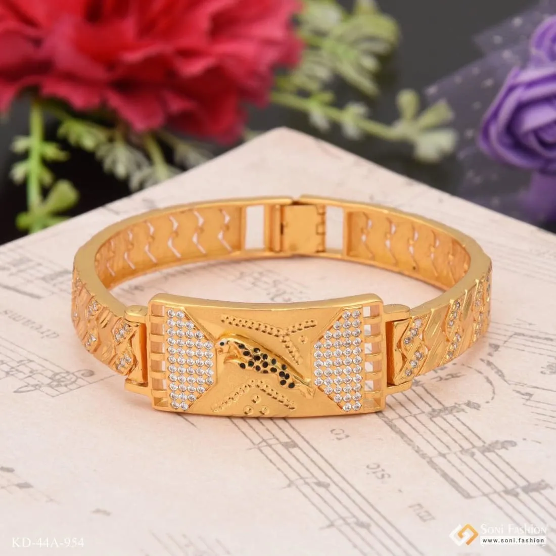 1 Gram Gold Plated jaguar Antique Design Bracelet Kada for Men - Style A954