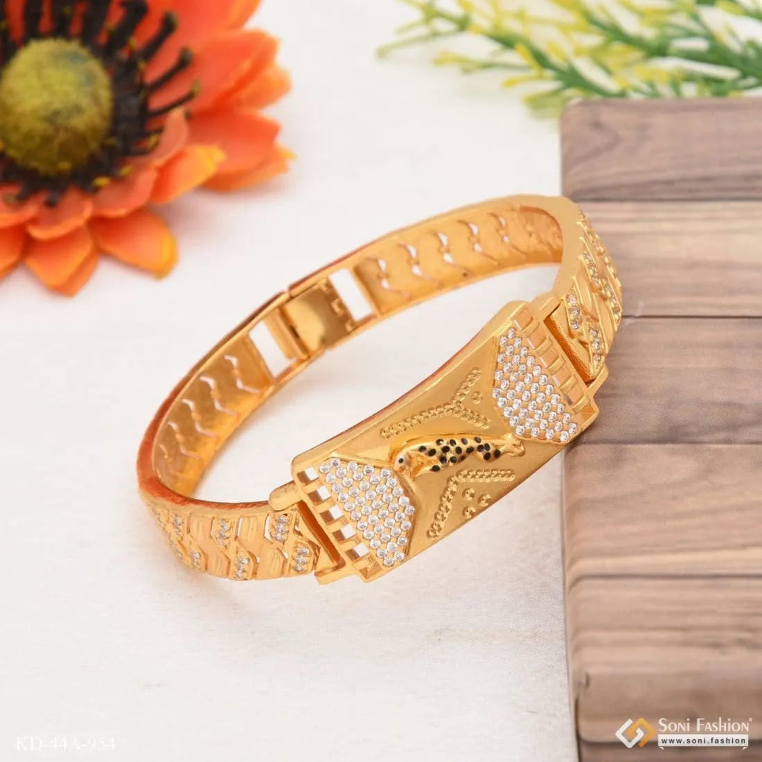 1 Gram Gold Plated jaguar Antique Design Bracelet Kada for Men - Style A954