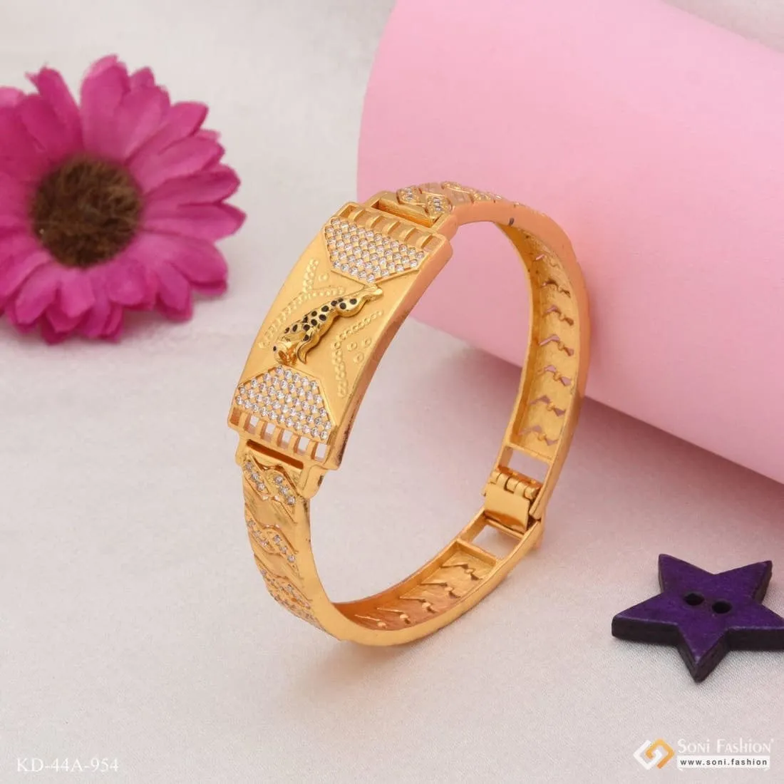 1 Gram Gold Plated jaguar Antique Design Bracelet Kada for Men - Style A954