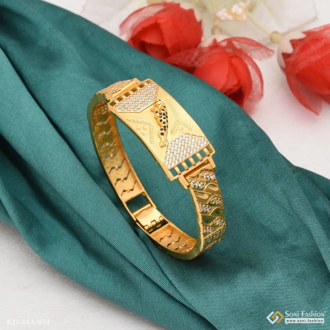 1 Gram Gold Plated jaguar Antique Design Bracelet Kada for Men - Style A954