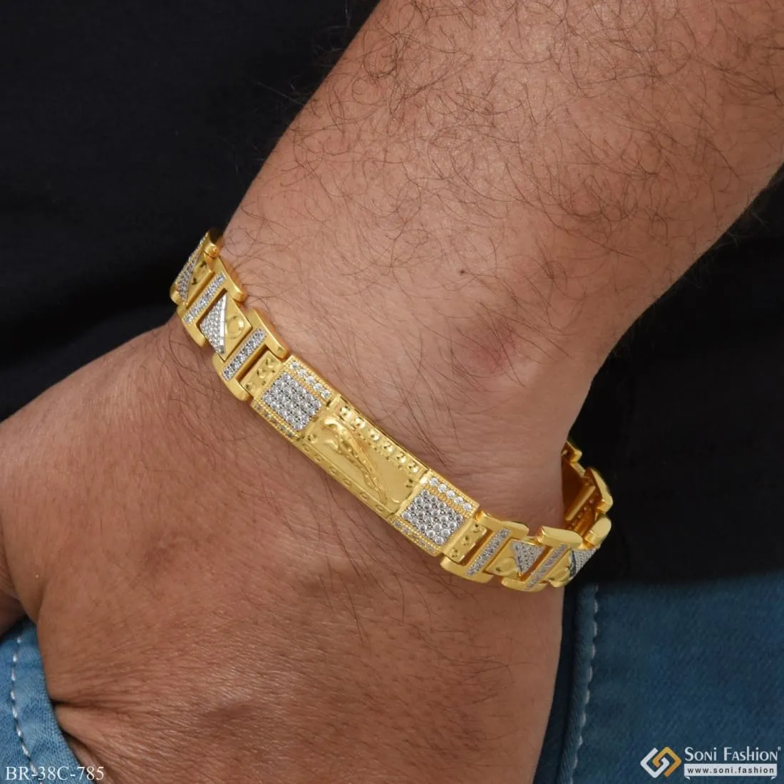 1 Gram Gold Plated Jaguar With Diamond Awesome Design Bracelet For Men - Style C785