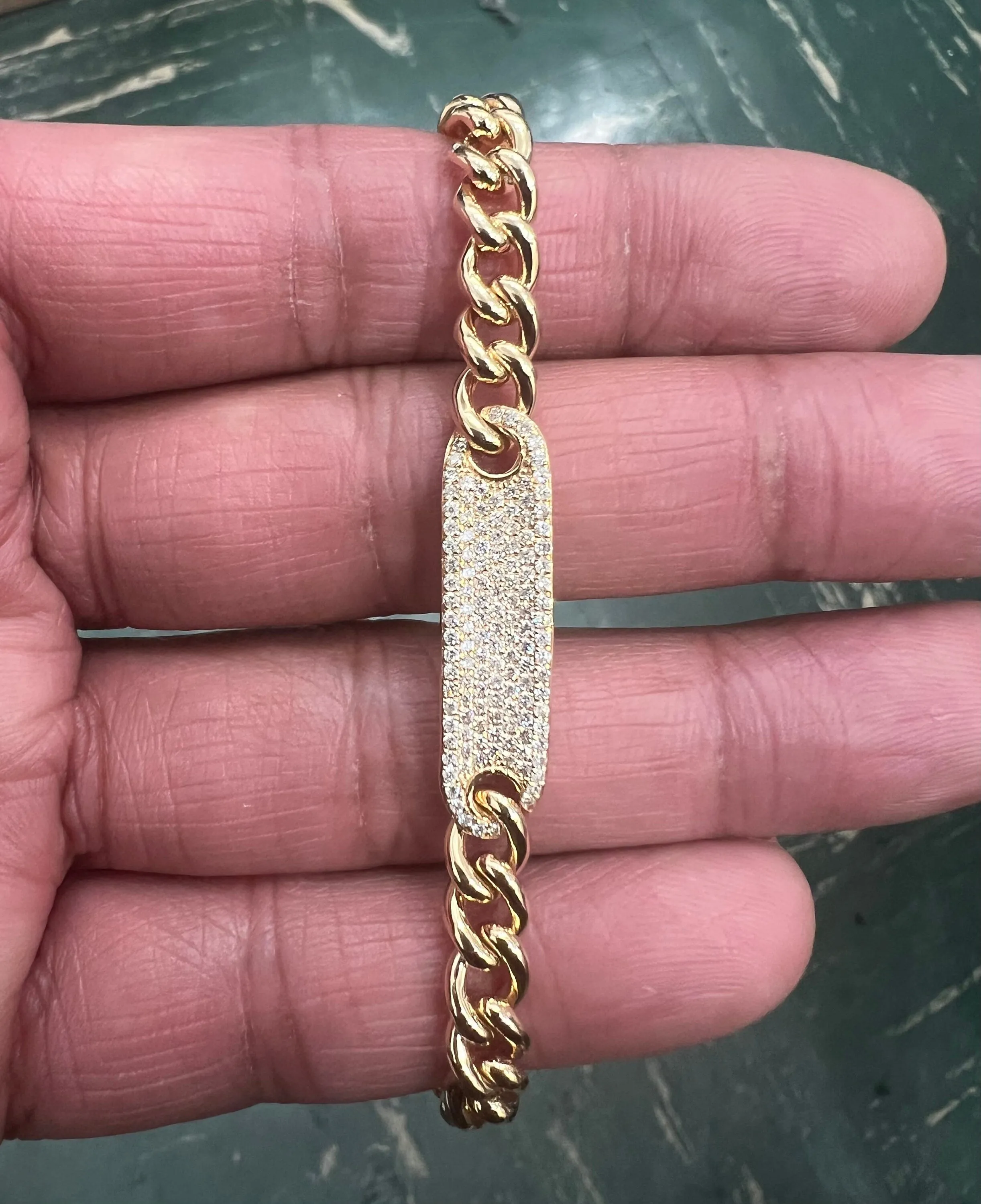 14k Gold Curb Link Diamond Pave Bracelet/ 6MM Cuban Chain Bracelet /  Diamond ID Bracelet / Diamond Bar Bracelet for women
