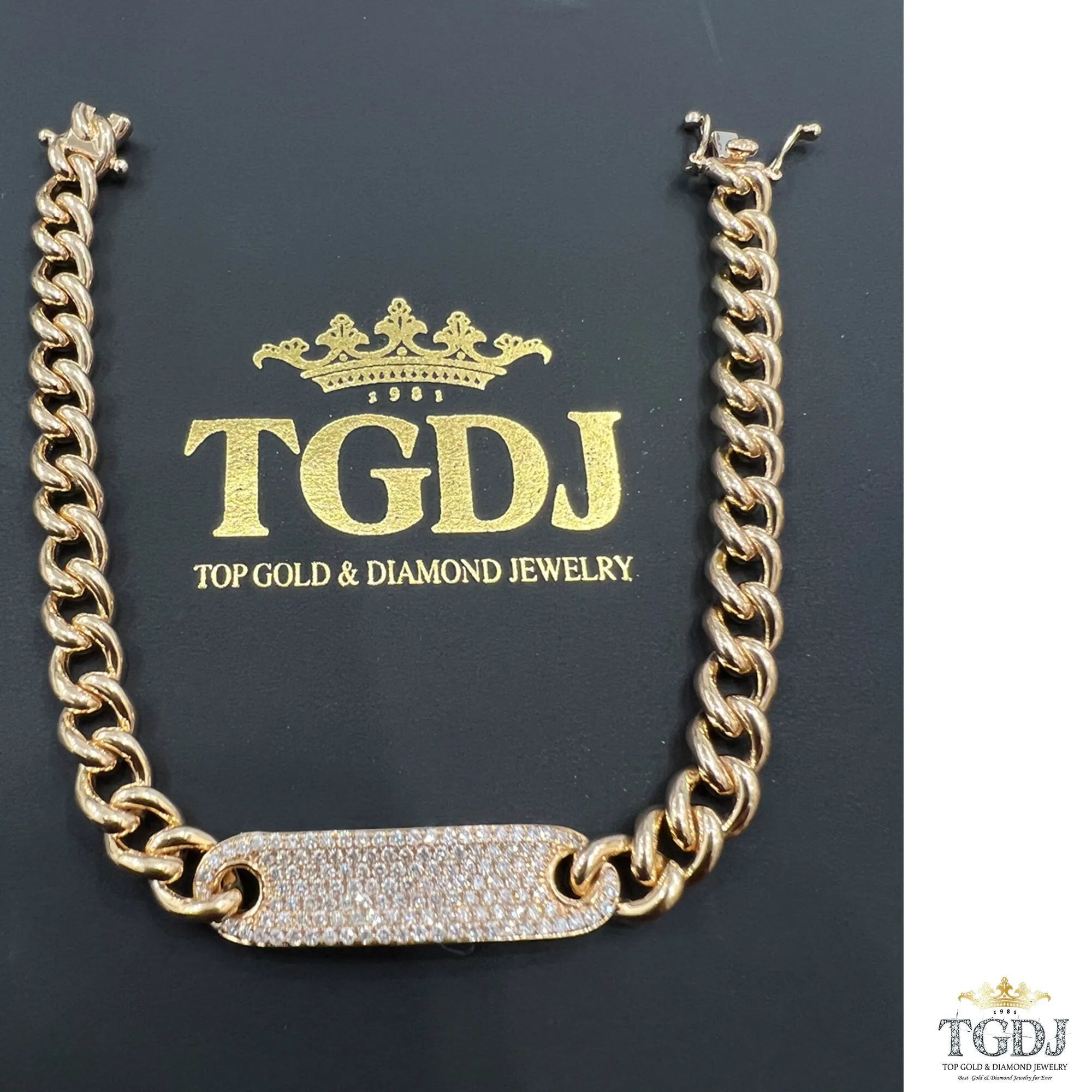 14k Gold Curb Link Diamond Pave Bracelet/ 6MM Cuban Chain Bracelet /  Diamond ID Bracelet / Diamond Bar Bracelet for women