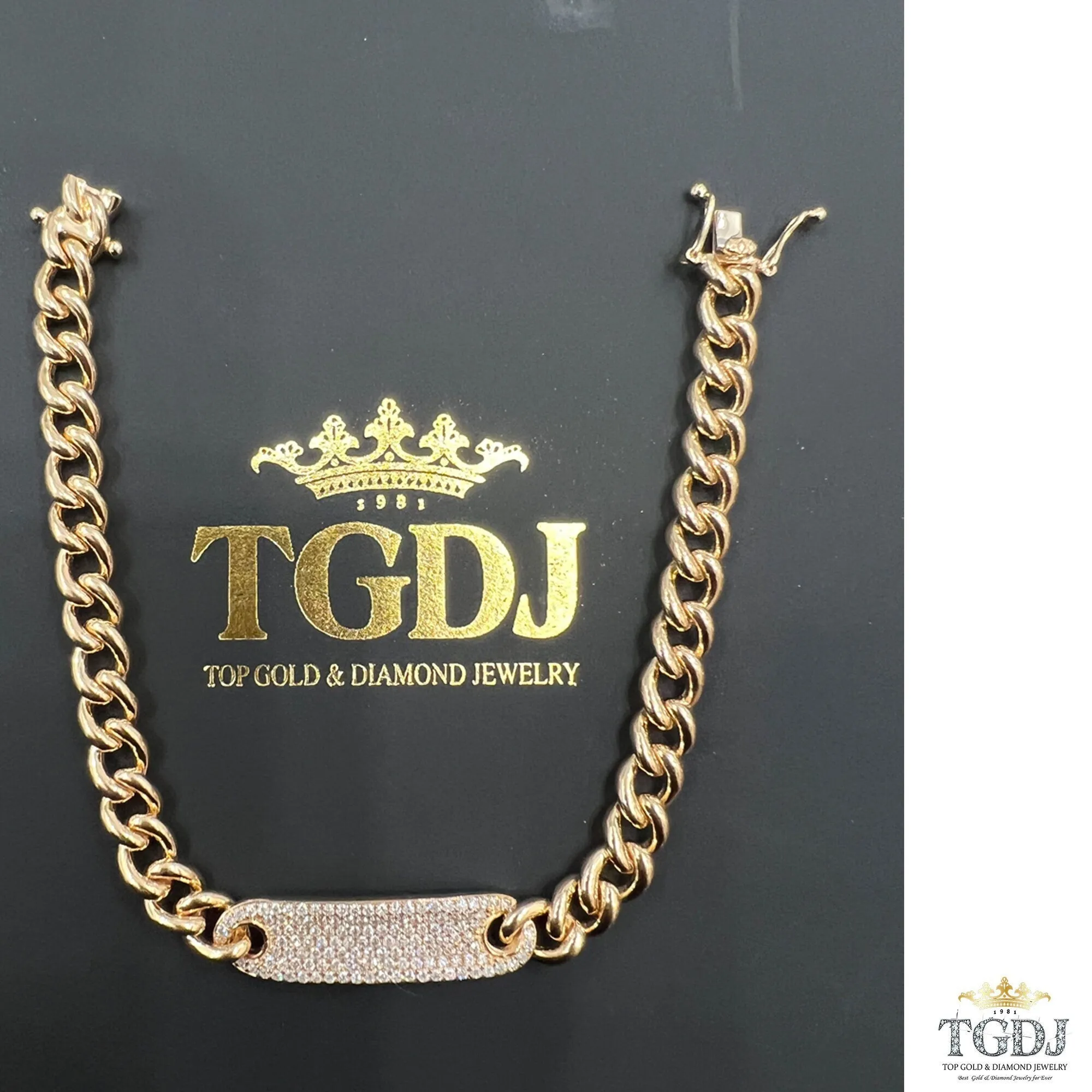 14k Gold Curb Link Diamond Pave Bracelet/ 6MM Cuban Chain Bracelet /  Diamond ID Bracelet / Diamond Bar Bracelet for women