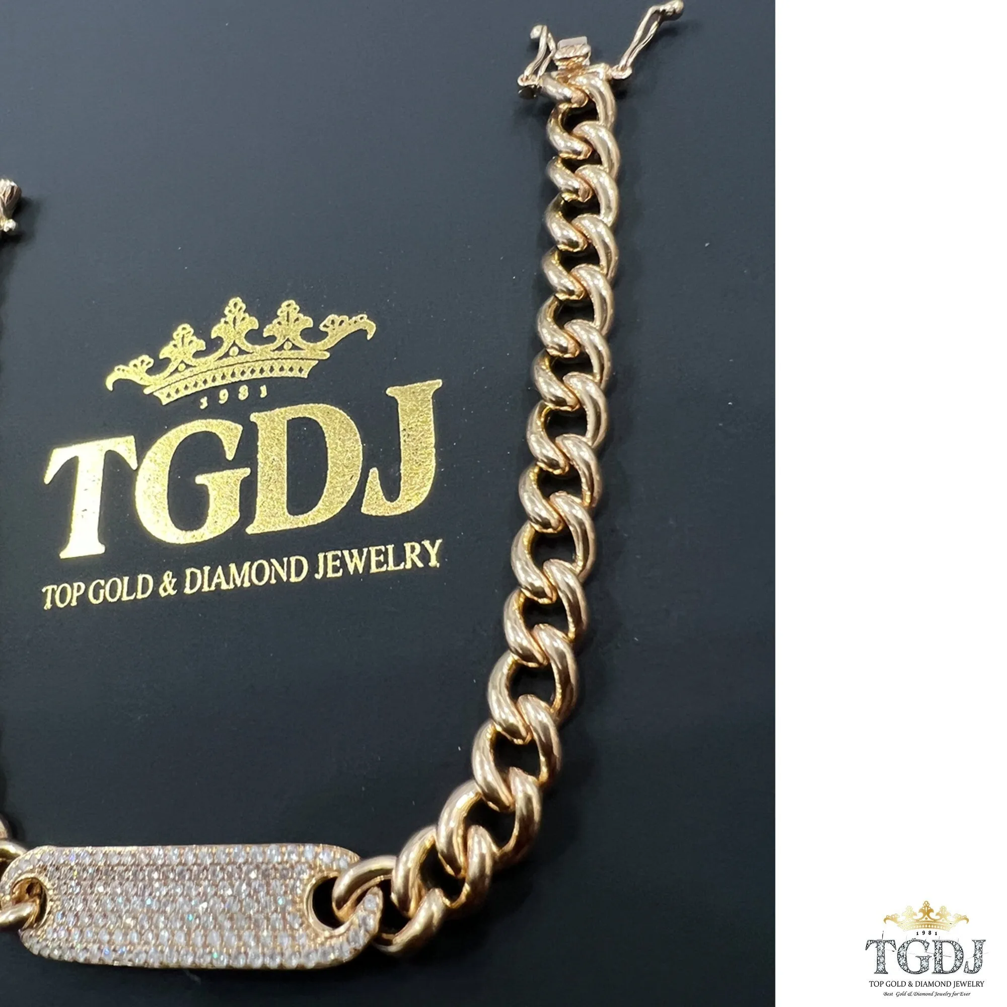 14k Gold Curb Link Diamond Pave Bracelet/ 6MM Cuban Chain Bracelet /  Diamond ID Bracelet / Diamond Bar Bracelet for women