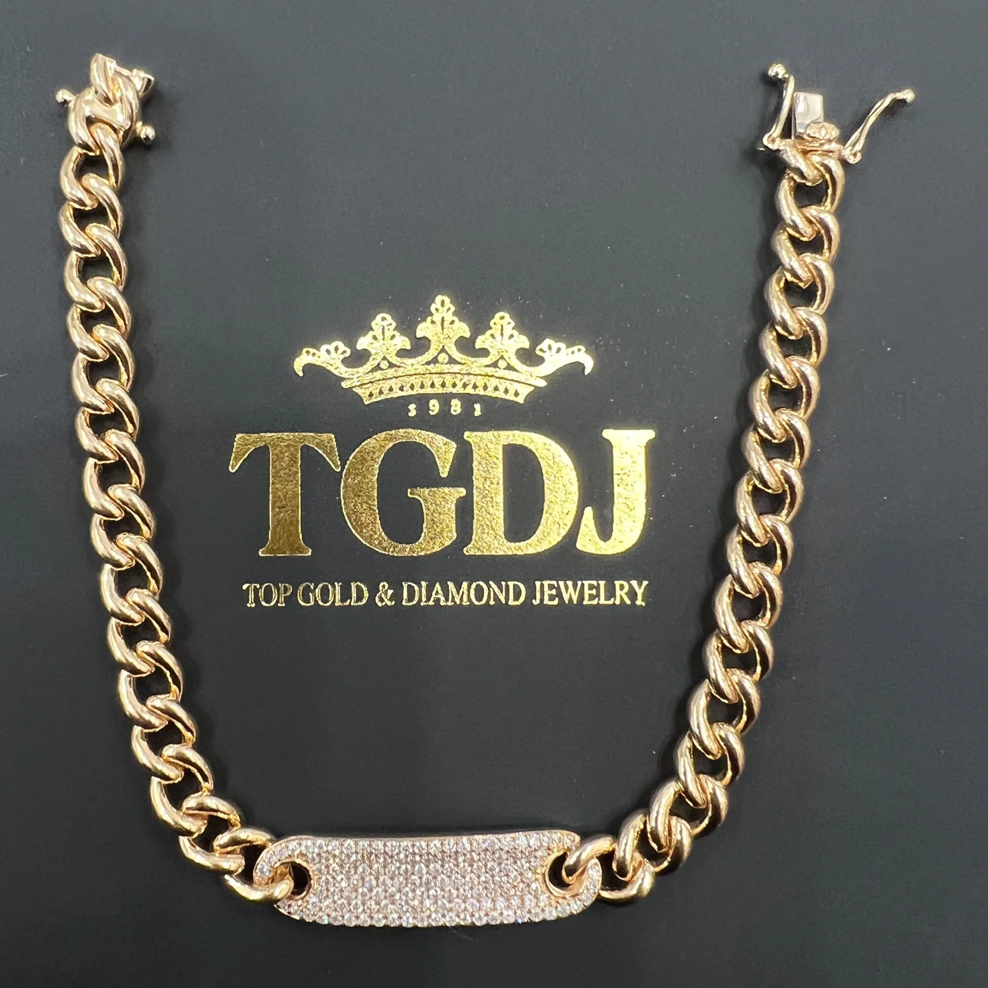 14k Gold Curb Link Diamond Pave Bracelet/ 6MM Cuban Chain Bracelet /  Diamond ID Bracelet / Diamond Bar Bracelet for women