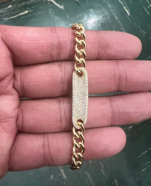 14k Gold Curb Link Diamond Pave Bracelet/ 6MM Cuban Chain Bracelet /  Diamond ID Bracelet / Diamond Bar Bracelet for women