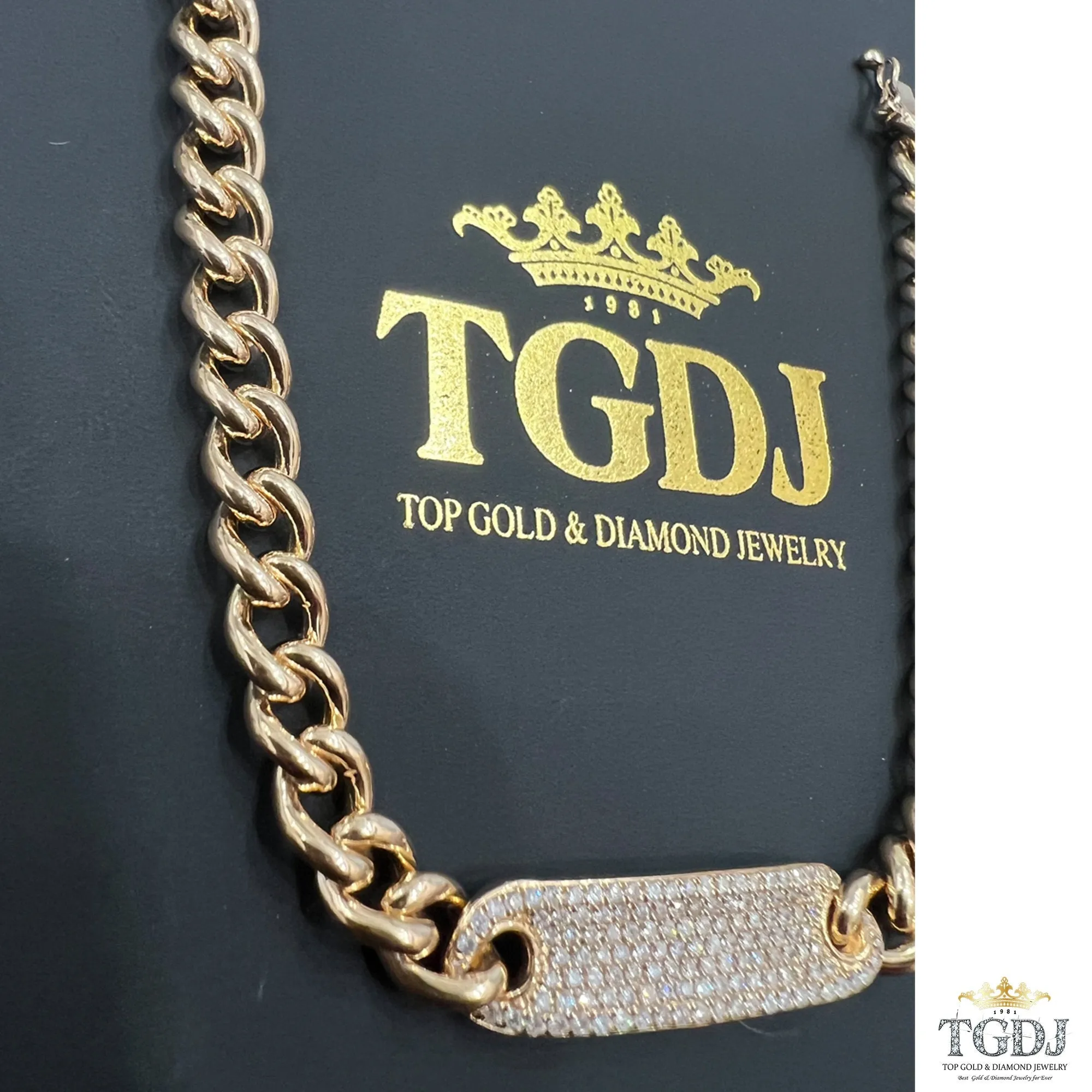 14k Gold Curb Link Diamond Pave Bracelet/ 6MM Cuban Chain Bracelet /  Diamond ID Bracelet / Diamond Bar Bracelet for women
