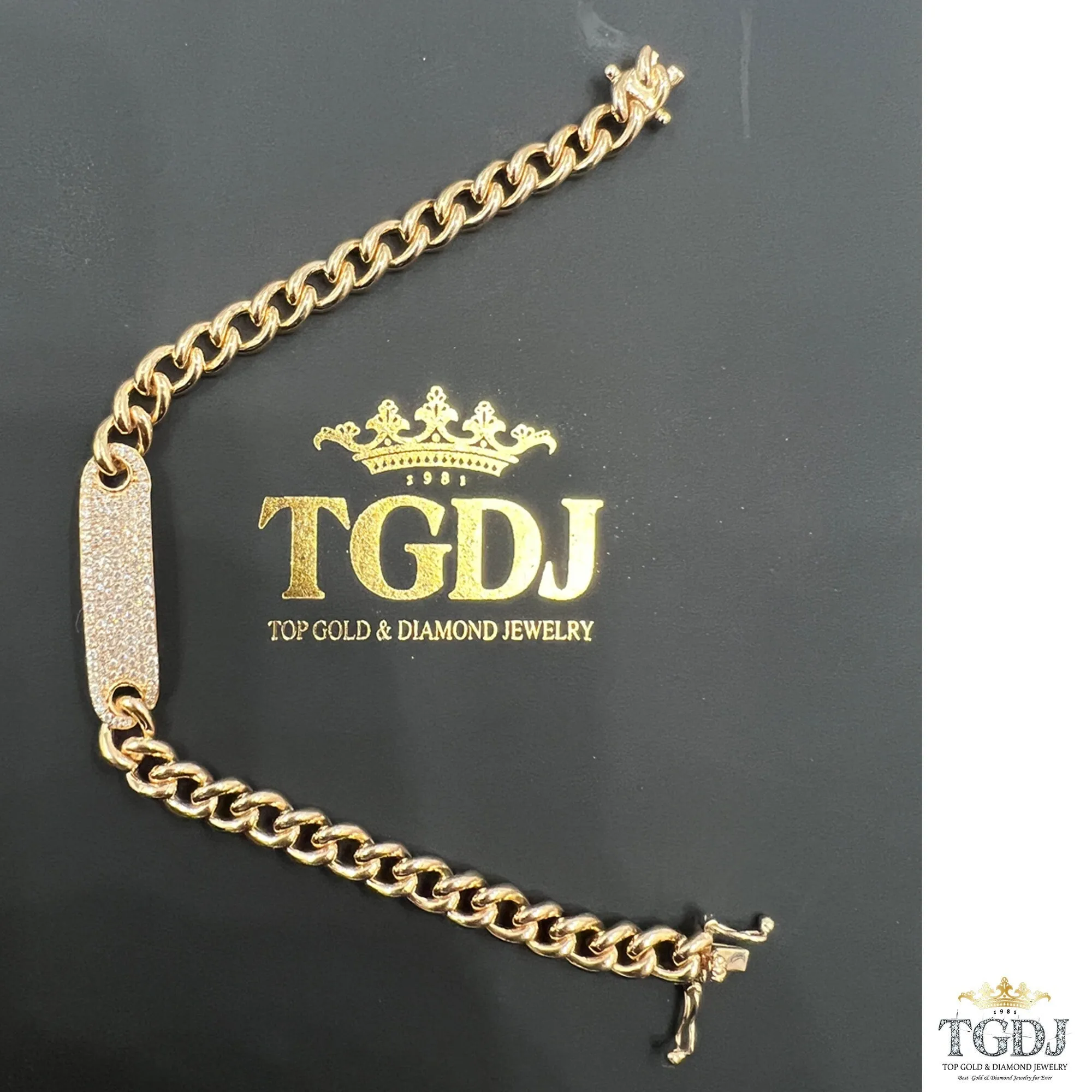 14k Gold Curb Link Diamond Pave Bracelet/ 6MM Cuban Chain Bracelet /  Diamond ID Bracelet / Diamond Bar Bracelet for women