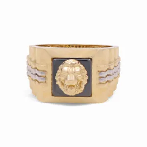 14K Yellow and White Gold Lion SQ Men's Ring with Onyx / Size: 9.5 / Weight: 7.3 GR / CPMRTT4LN