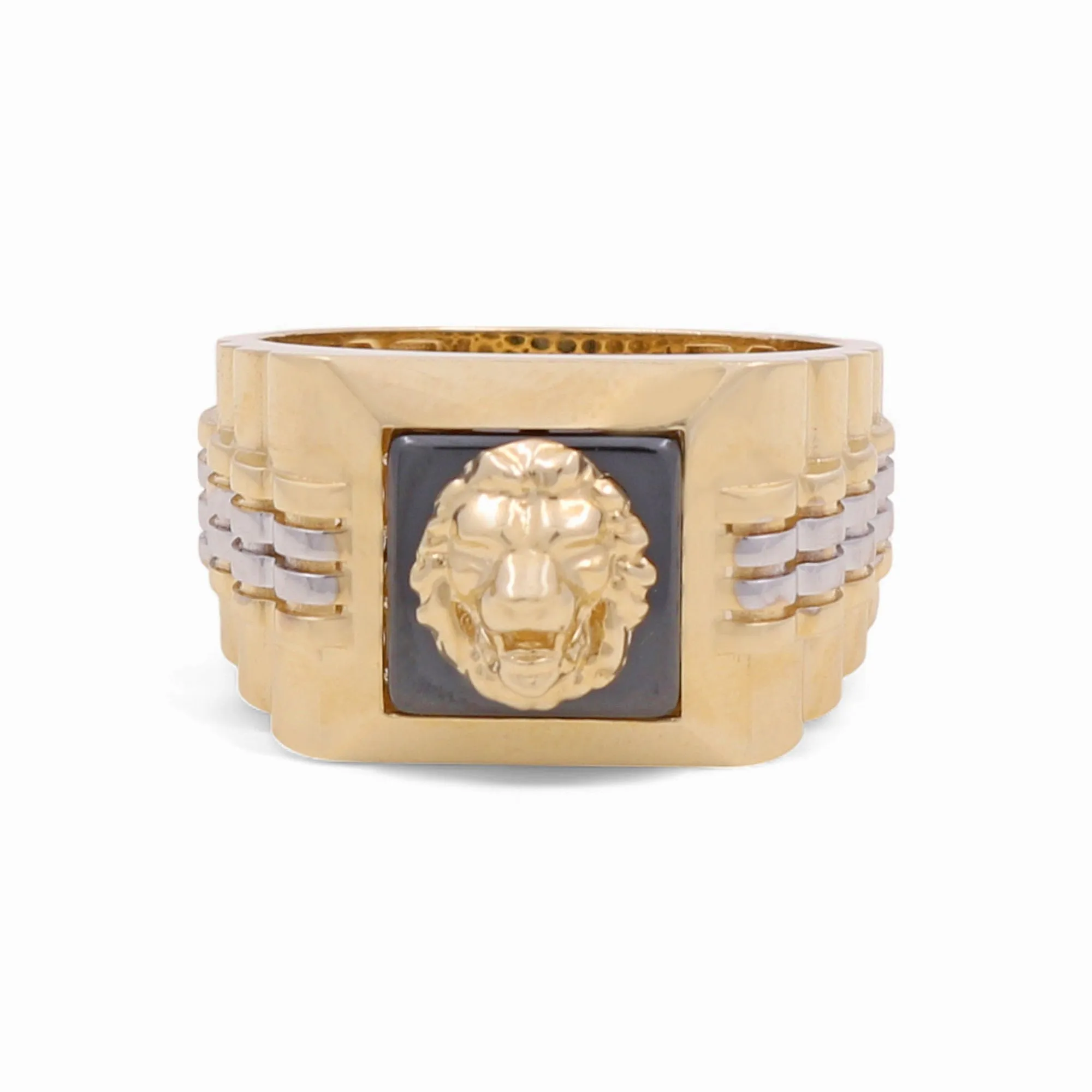 14K Yellow and White Gold Lion SQ Men's Ring with Onyx / Size: 9.5 / Weight: 7.3 GR / CPMRTT4LN