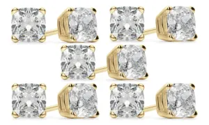 14k Yellow Gold 3Ct Cushion Cut White Sapphire Set Of Five Stud Earrings Plated