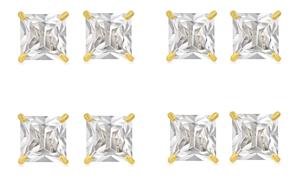 14k Yellow Gold Plated 2Ct Square Cut White Sapphire Set Of Four Stud Earrings
