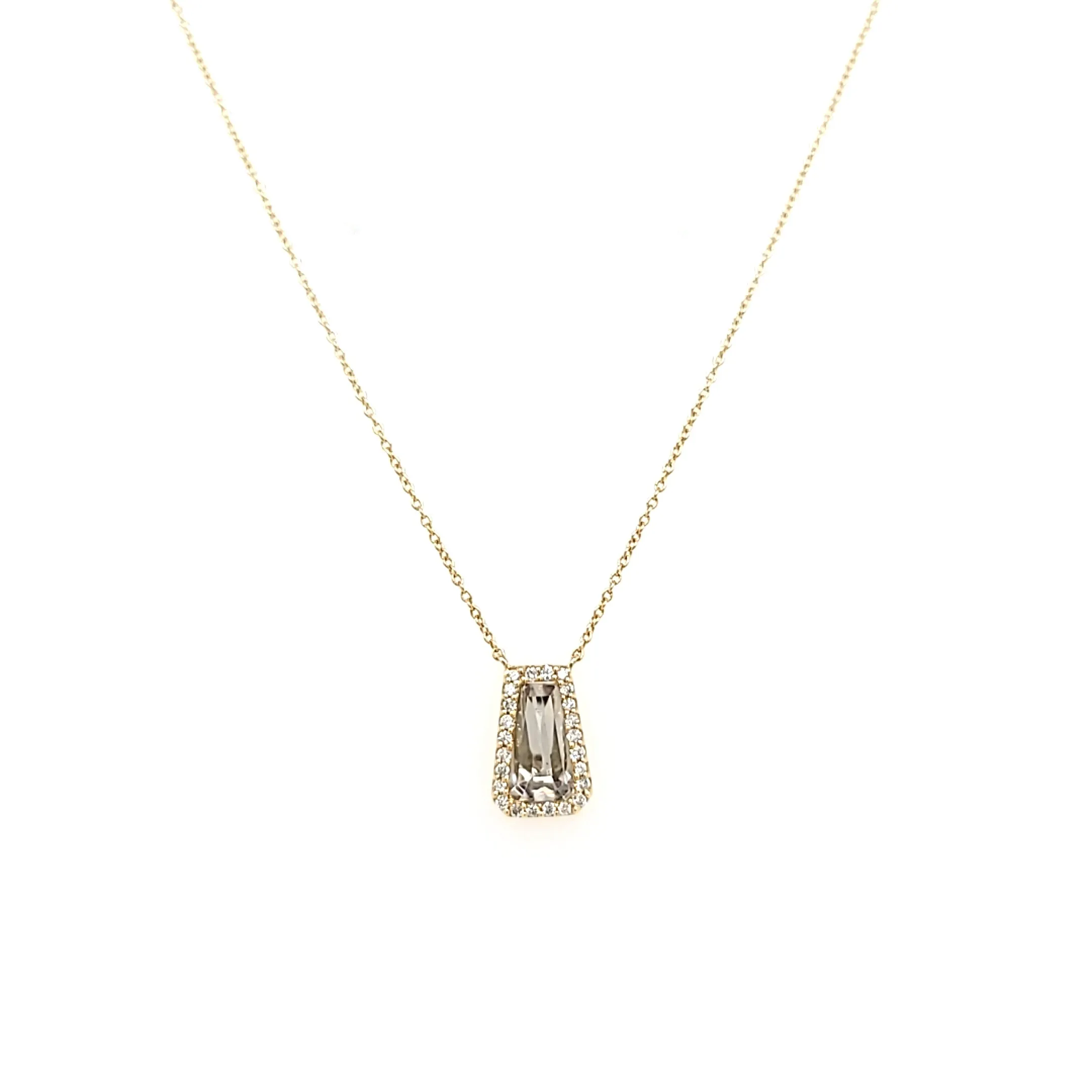 14k Yellow Gold White Quartz & Diamond Pendant Necklace (I5954)