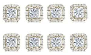 18k Yellow Gold Plated 4mm 1/2Ct Princess Cut White Sapphire Set of Four Halo Stud Earrings
