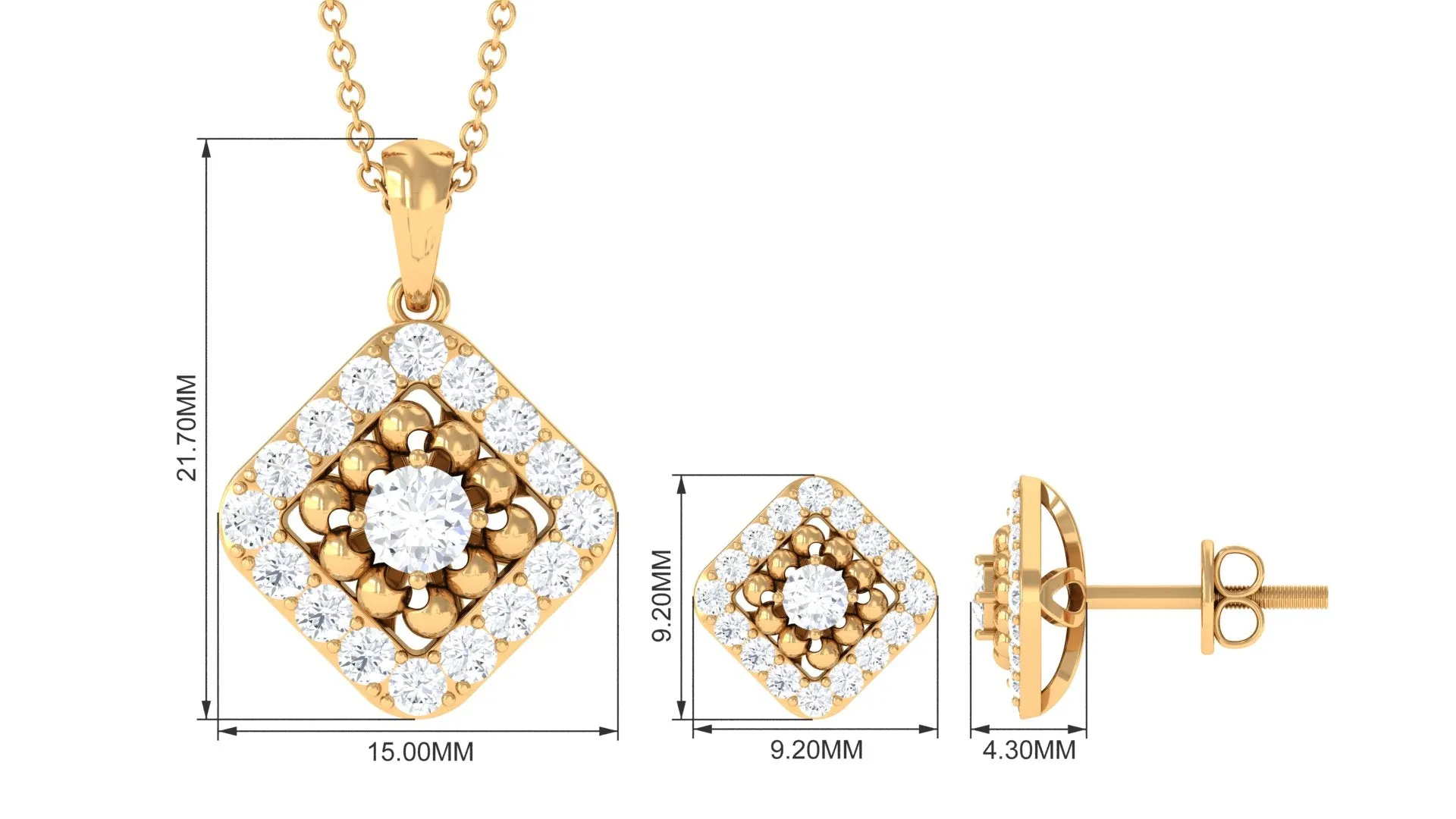 2 CT Zircon Bridal Pendant Earrings Set with Beaded Gold