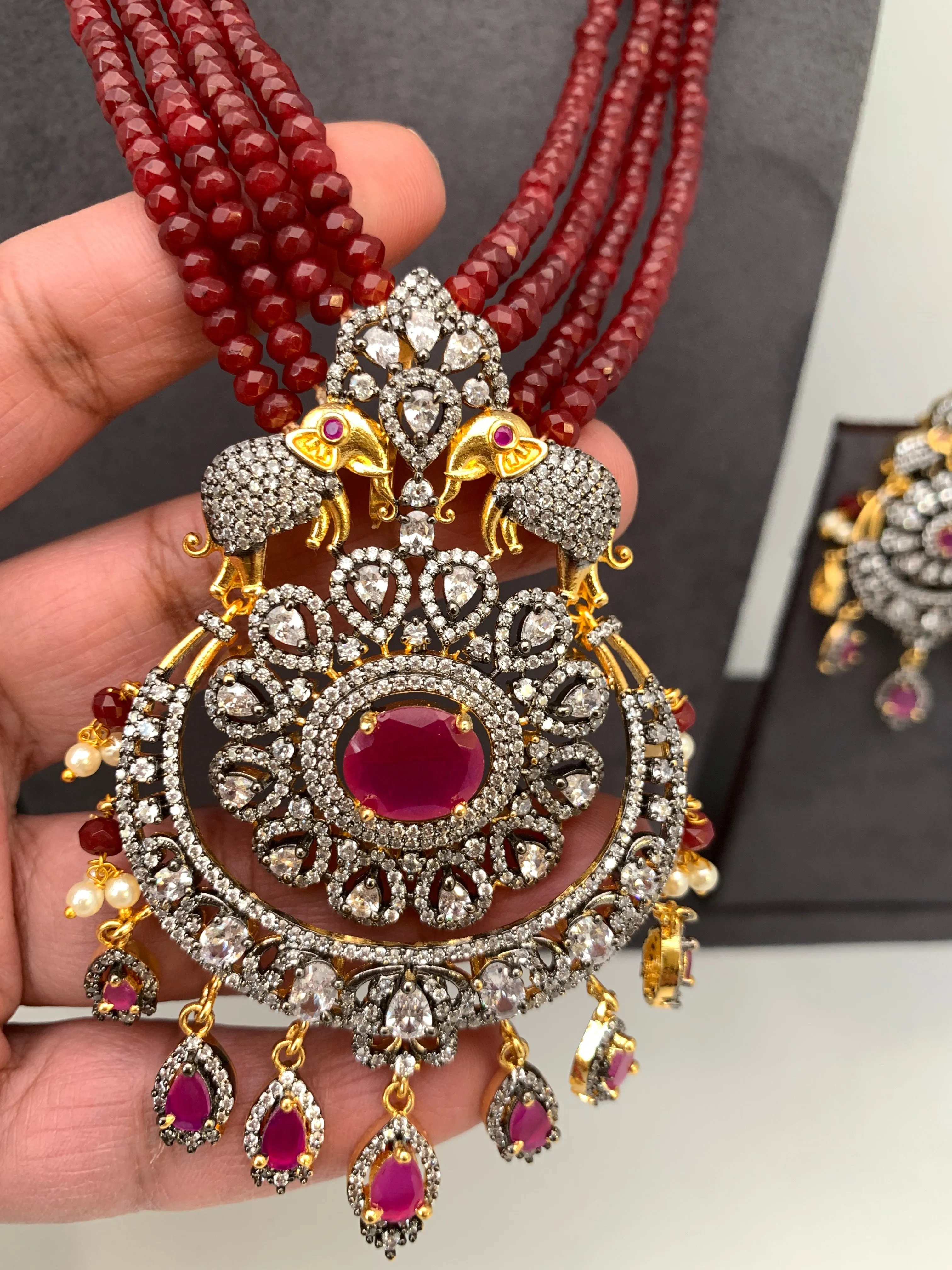 AD Red Stone Pendent Ruby Red Beads Long Mala