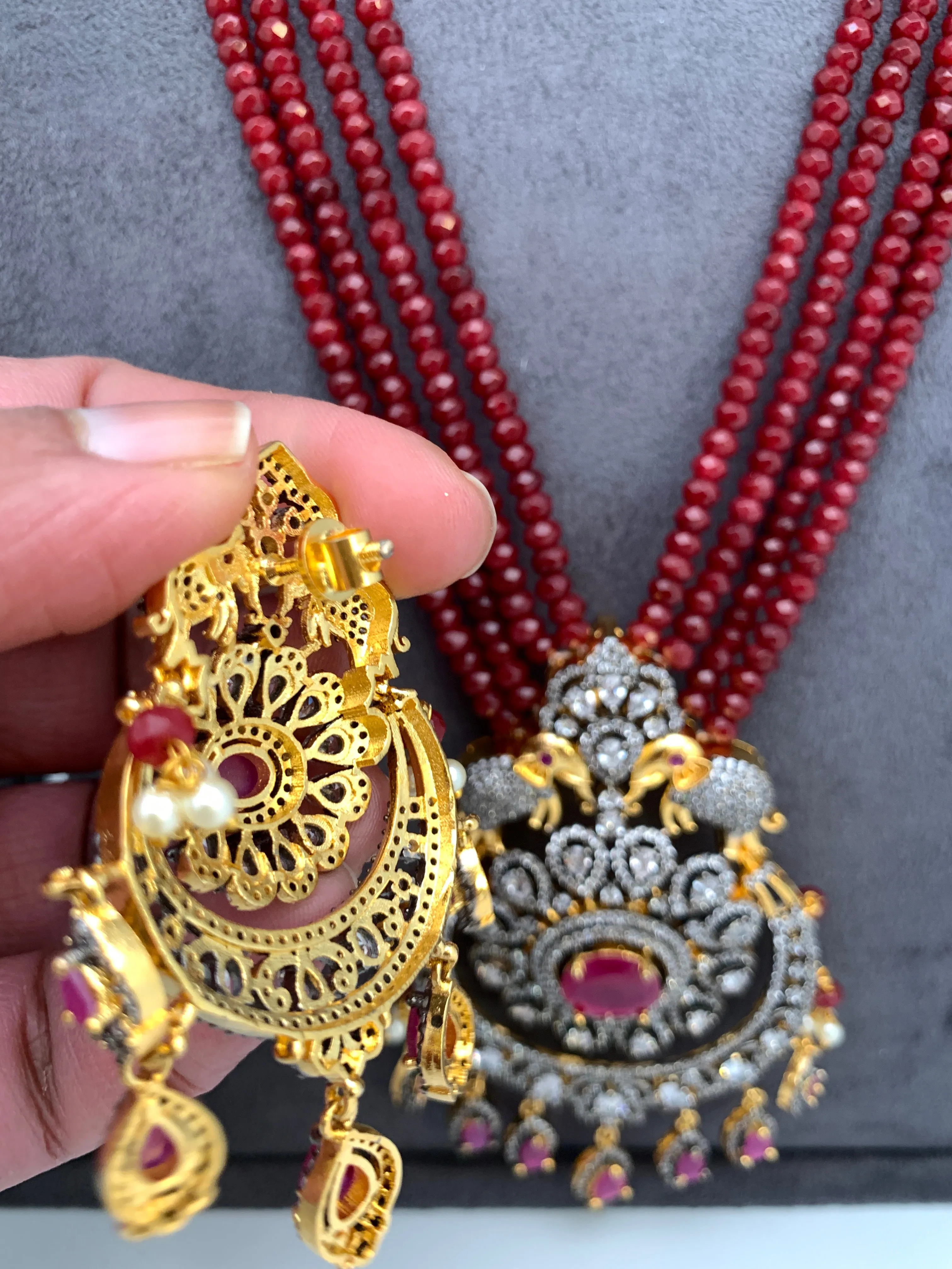 AD Red Stone Pendent Ruby Red Beads Long Mala