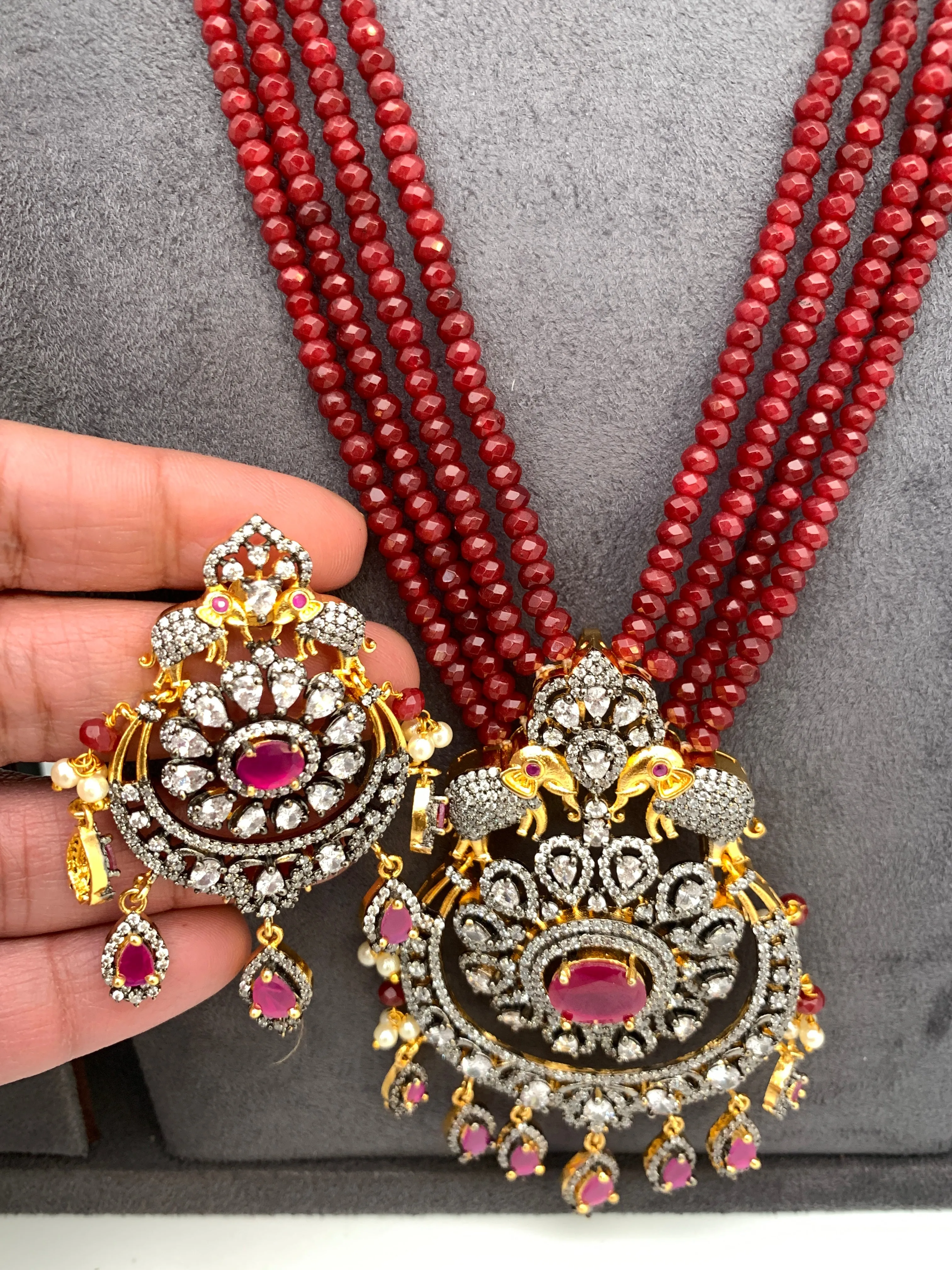 AD Red Stone Pendent Ruby Red Beads Long Mala