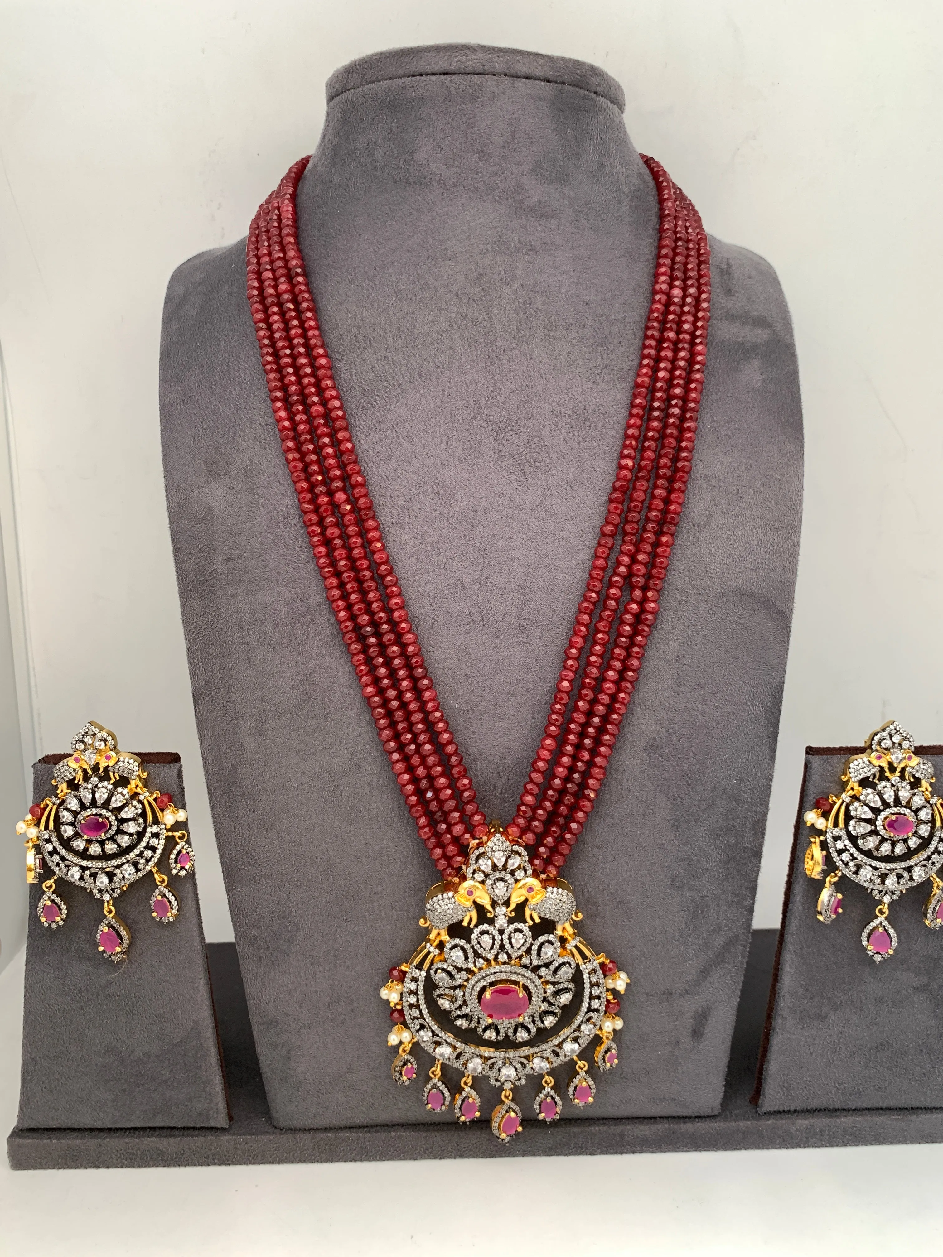 AD Red Stone Pendent Ruby Red Beads Long Mala