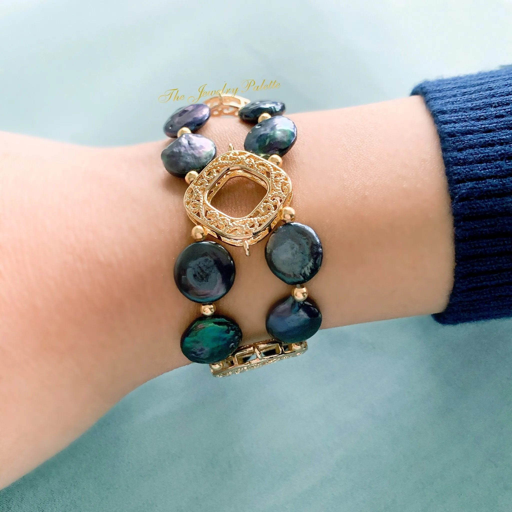 Aria navy blue coin pearls and diamond shape filigree bracelet