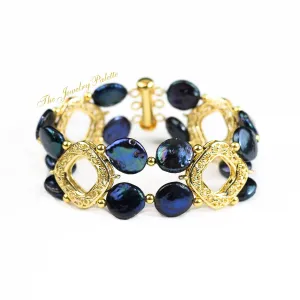 Aria navy blue coin pearls and diamond shape filigree bracelet