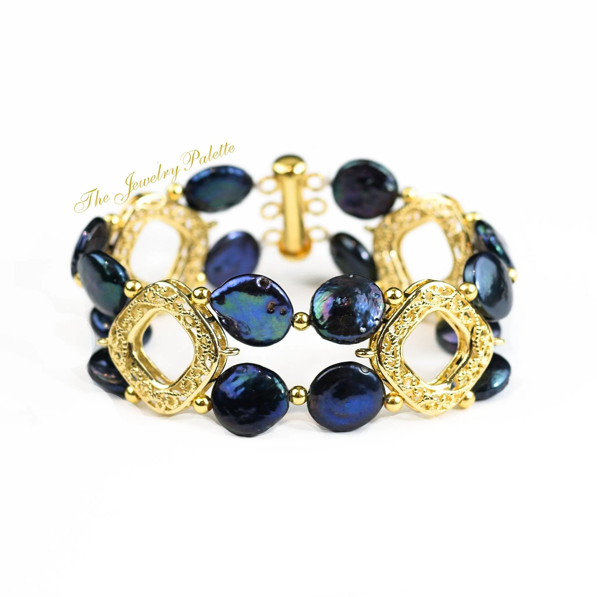 Aria navy blue coin pearls and diamond shape filigree bracelet