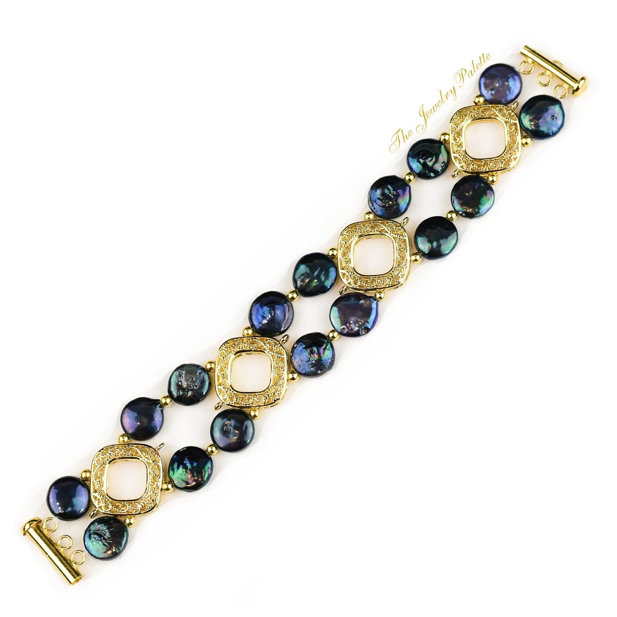Aria navy blue coin pearls and diamond shape filigree bracelet