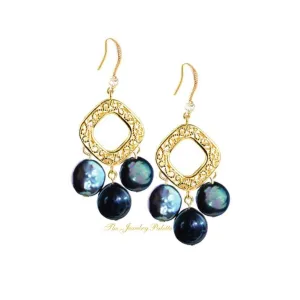 Aria navy blue coin pearls and diamond shape filigree earrings