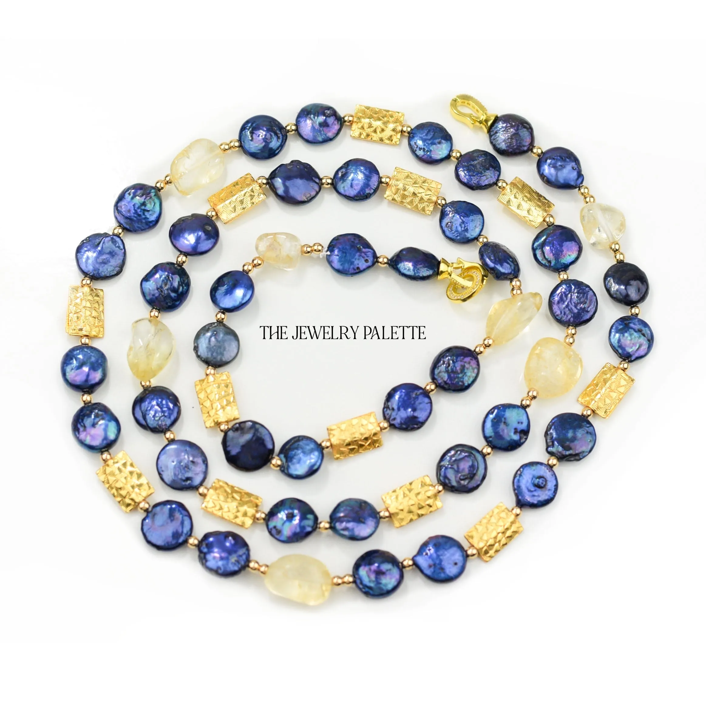 Aria navy blue coin pearls and diamond shape filigree earrings