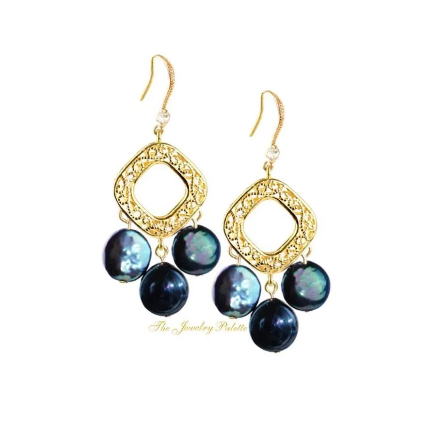 Aria navy blue coin pearls and diamond shape filigree earrings