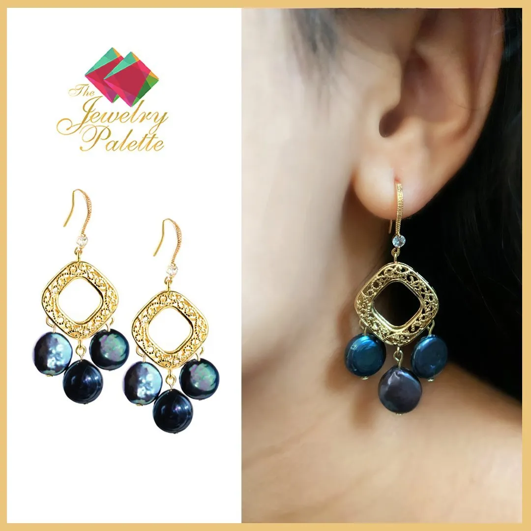 Aria navy blue coin pearls and diamond shape filigree earrings