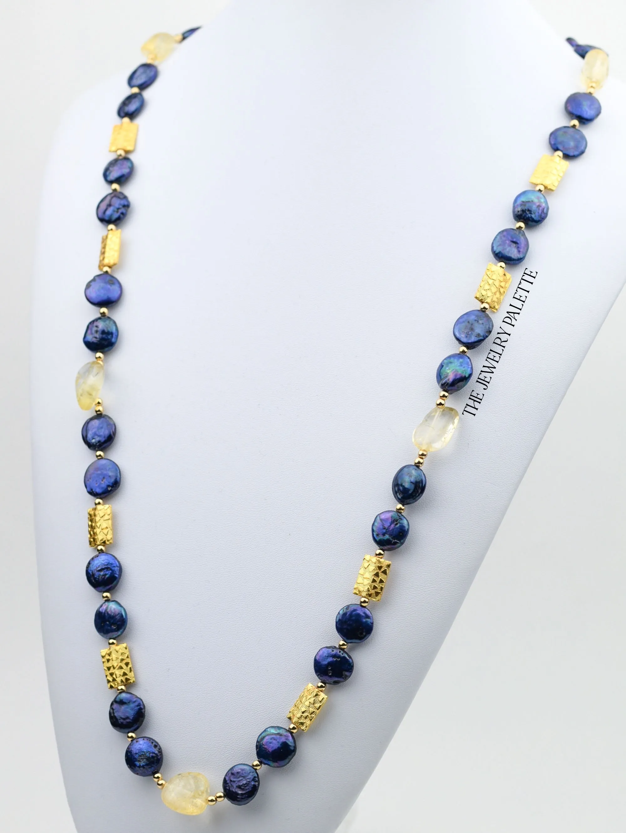 Aria navy blue coin pearls and diamond shape filigree earrings