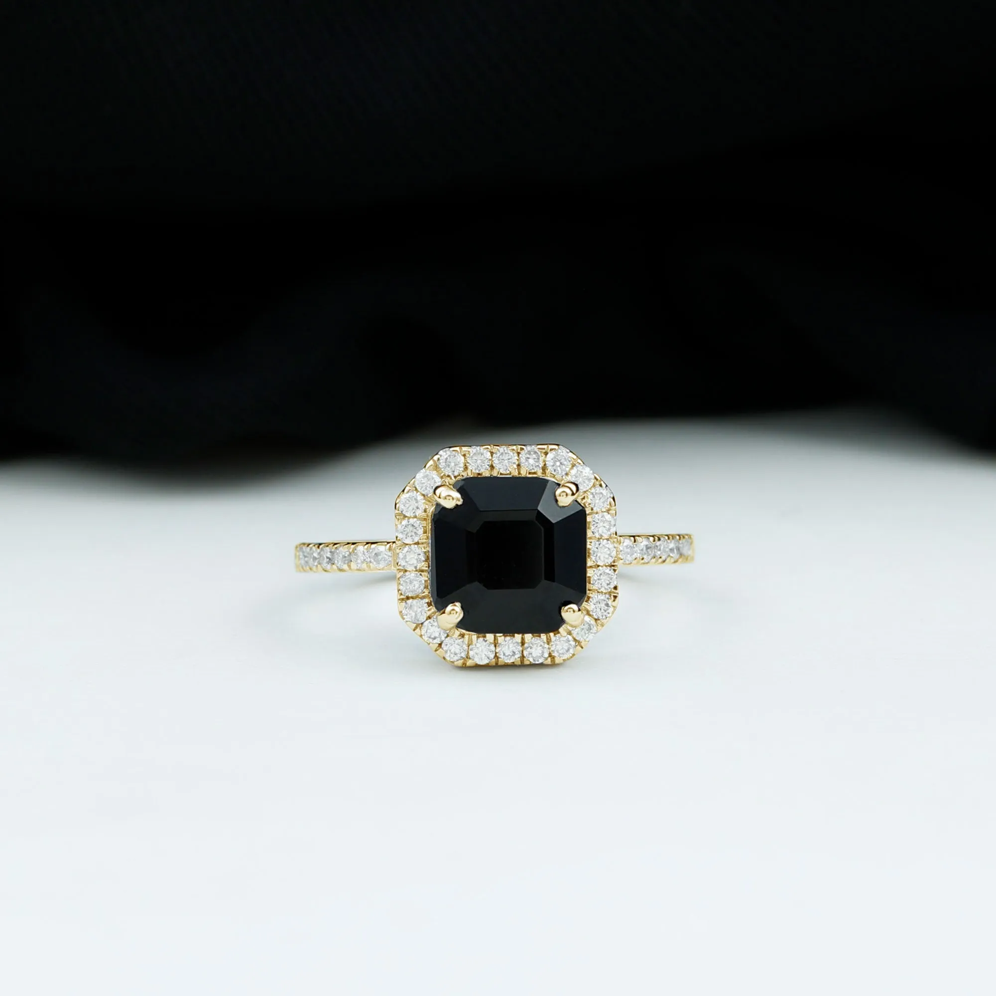 Asscher Cut Black Spinel Halo Engagement Ring with Diamond