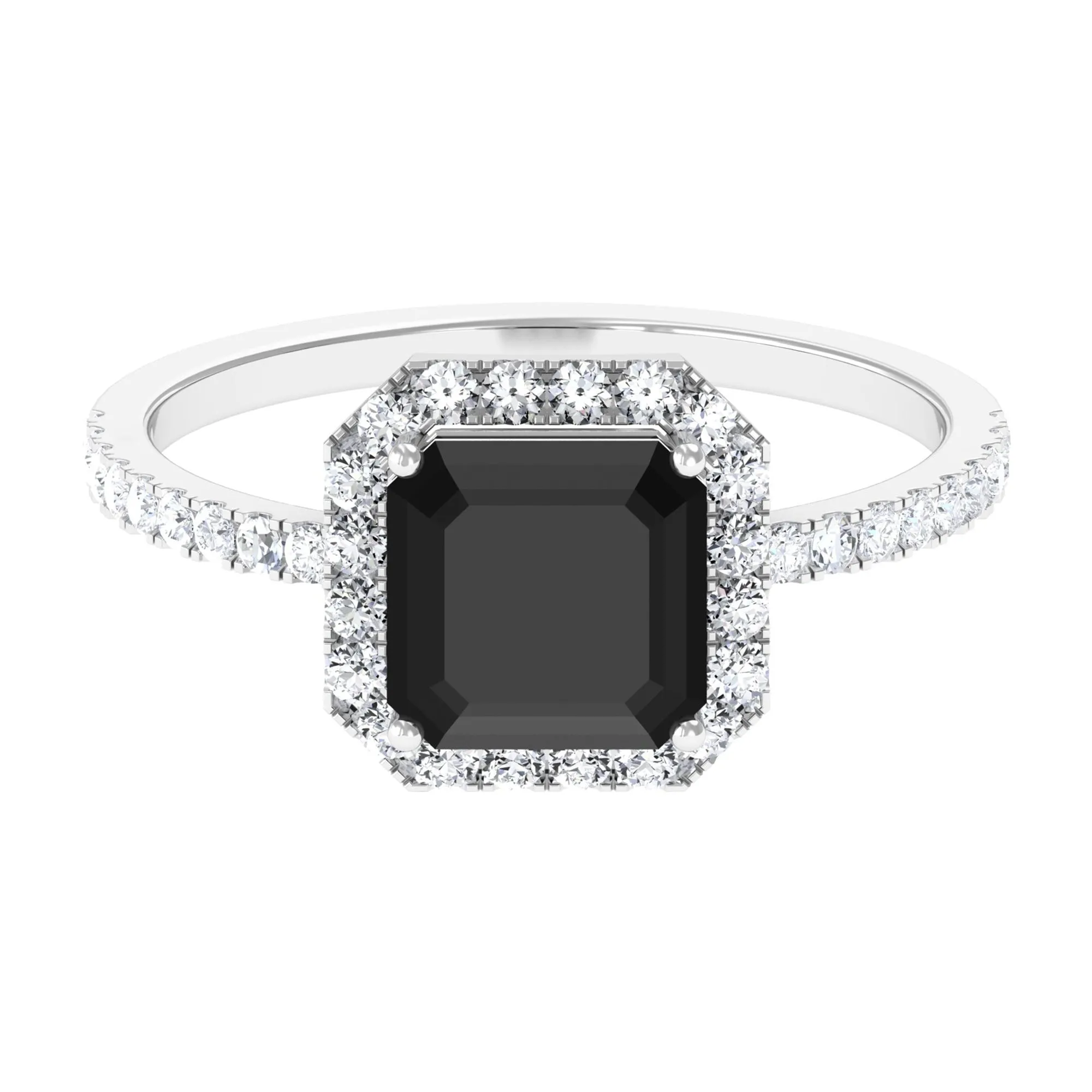 Asscher Cut Black Spinel Halo Engagement Ring with Diamond