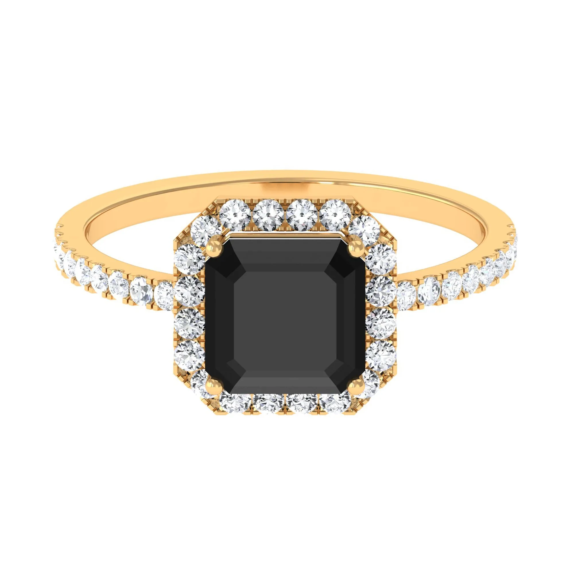 Asscher Cut Black Spinel Halo Engagement Ring with Diamond