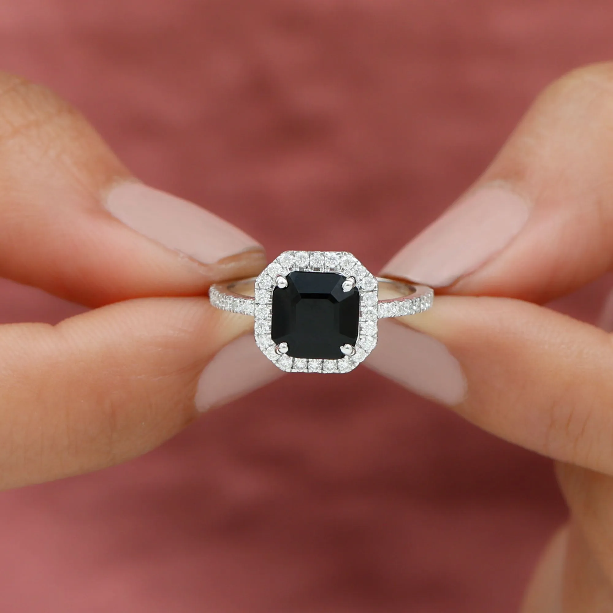 Asscher Cut Black Spinel Halo Engagement Ring with Diamond