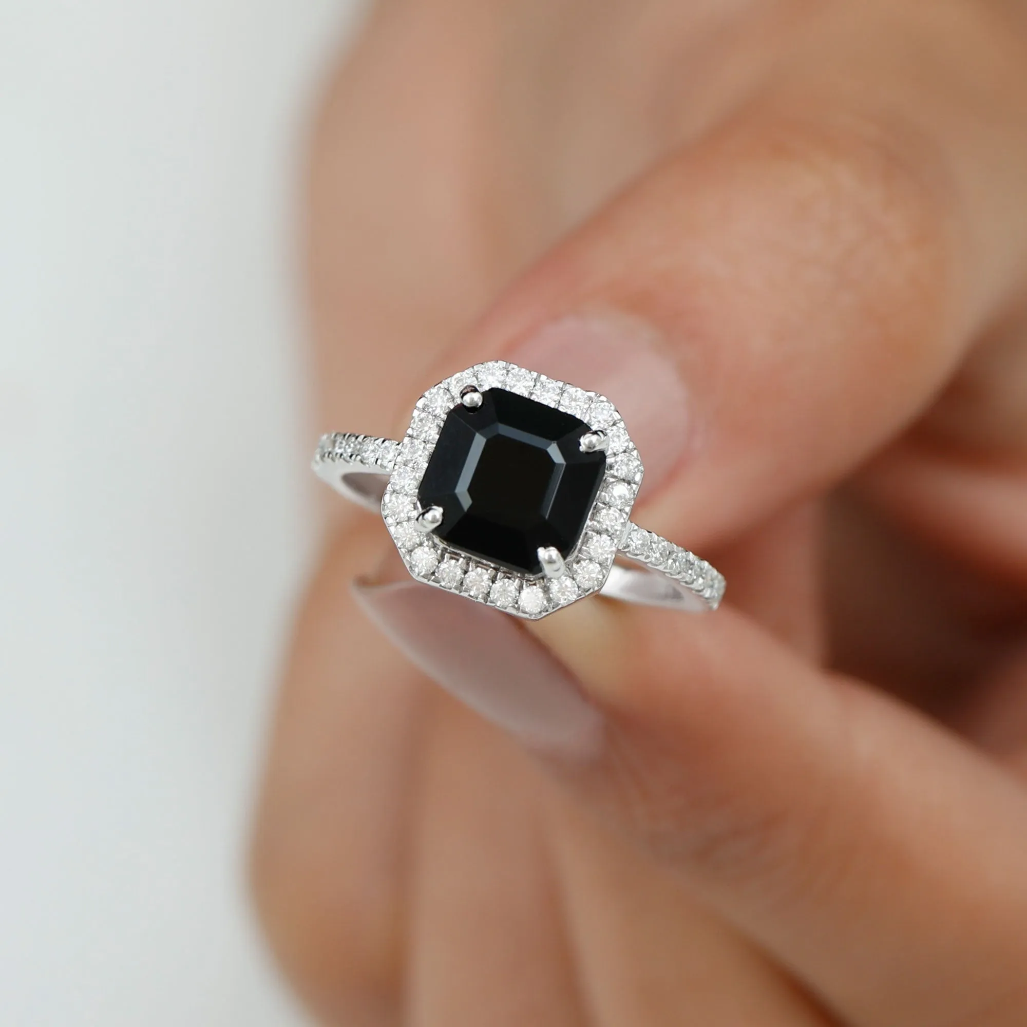 Asscher Cut Black Spinel Halo Engagement Ring with Diamond