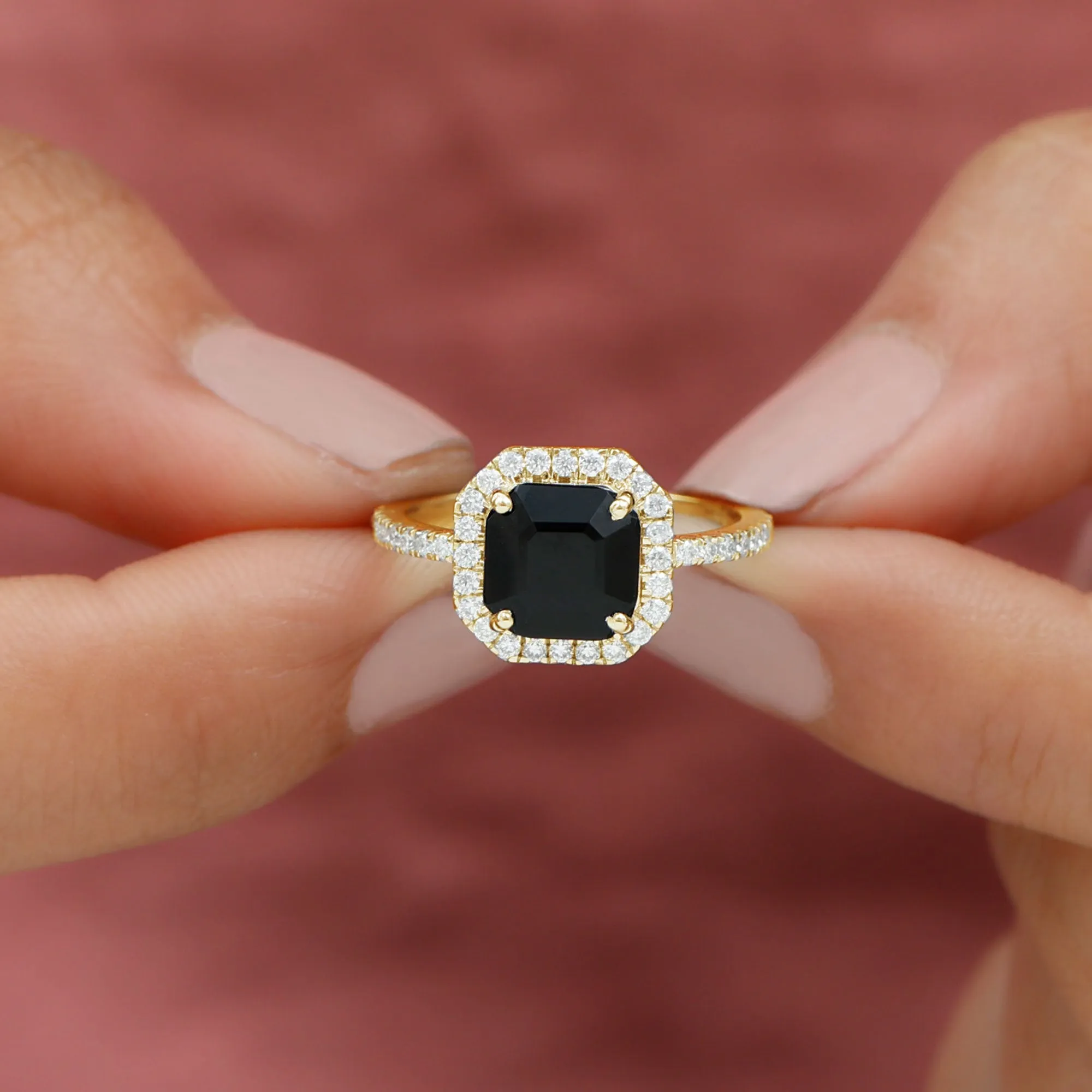 Asscher Cut Black Spinel Halo Engagement Ring with Diamond