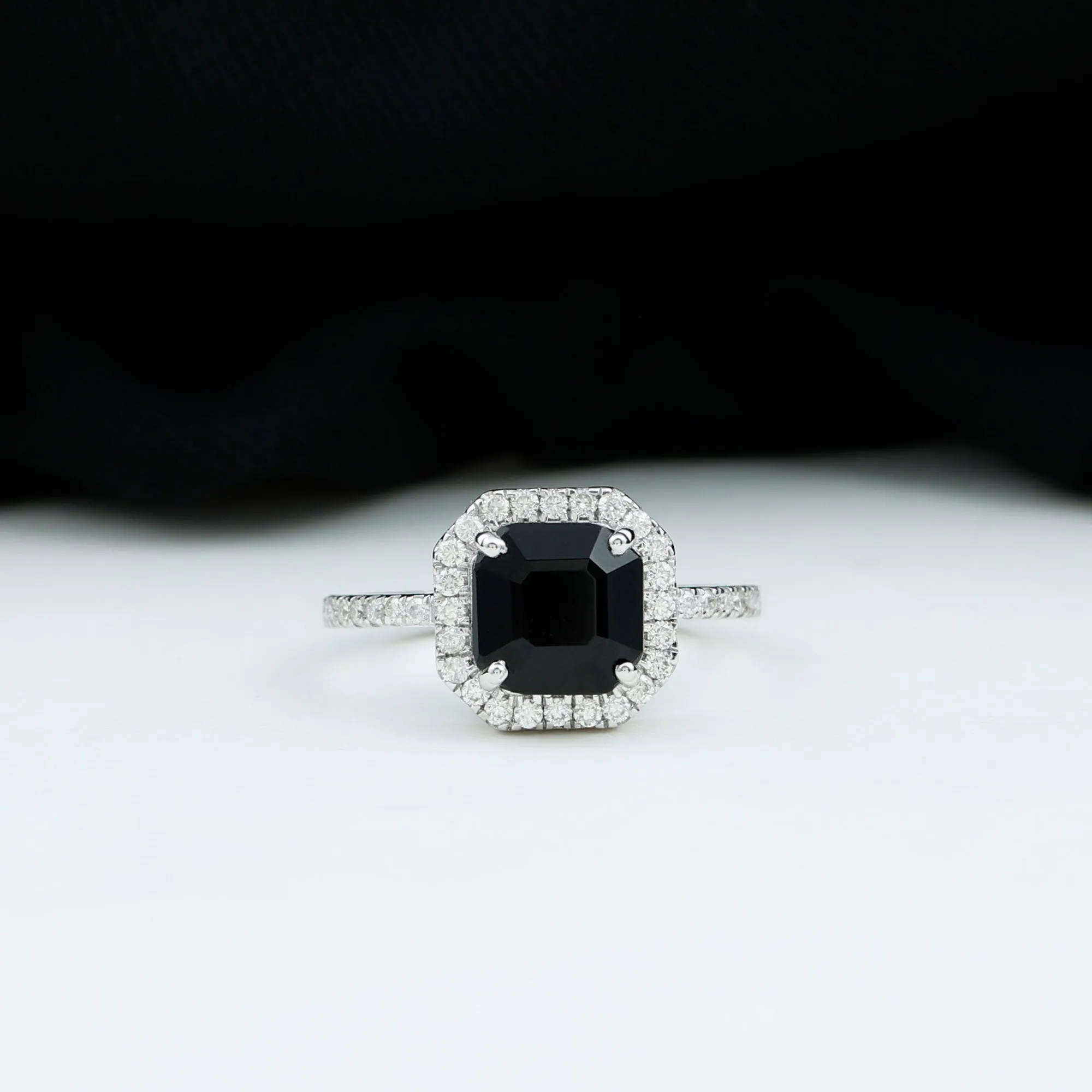 Asscher Cut Black Spinel Halo Engagement Ring with Diamond