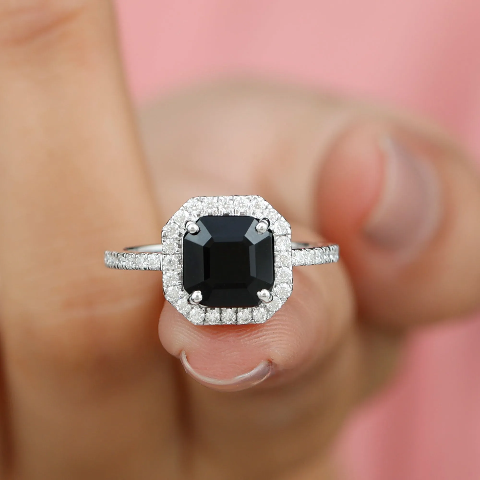 Asscher Cut Black Spinel Halo Engagement Ring with Diamond