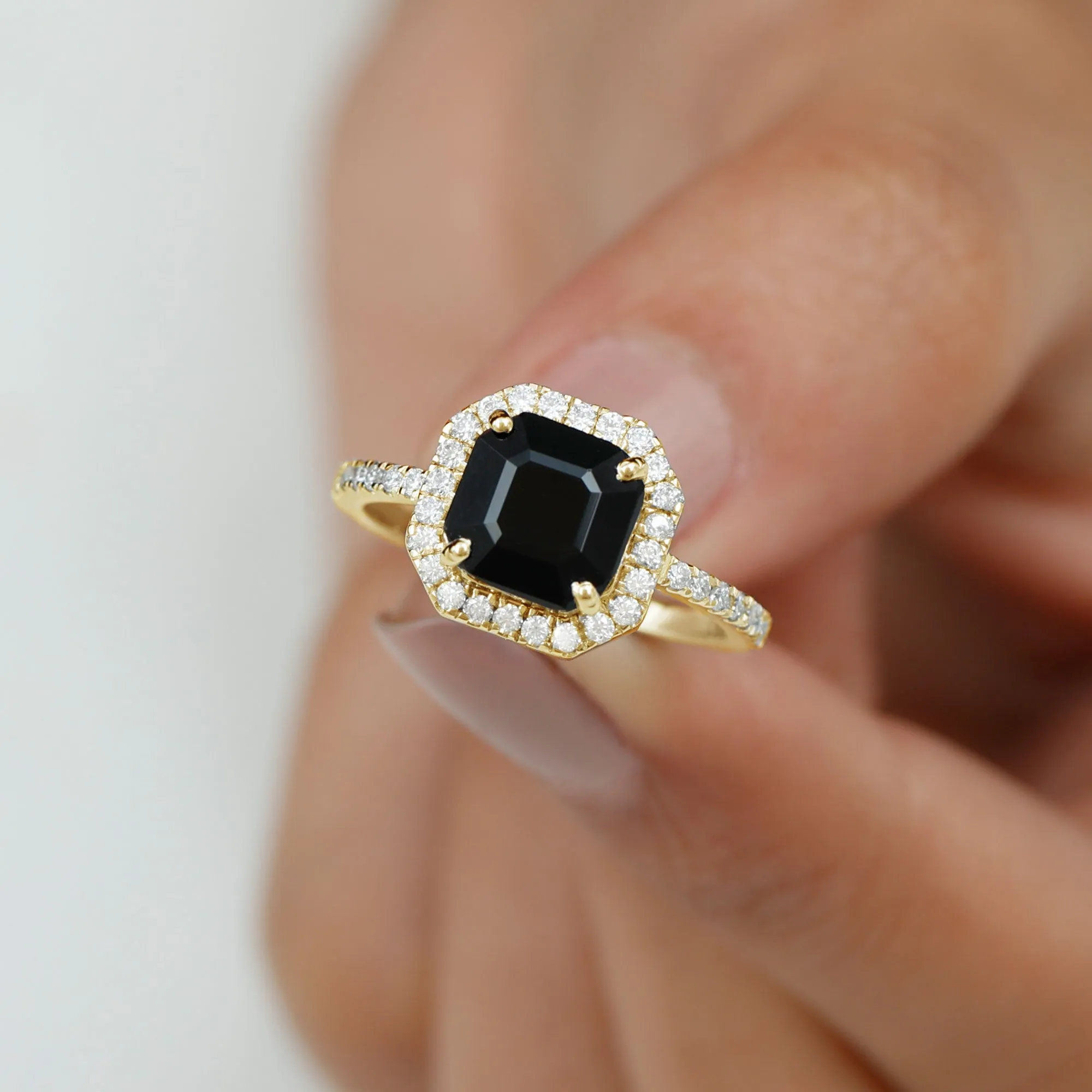 Asscher Cut Black Spinel Halo Engagement Ring with Diamond