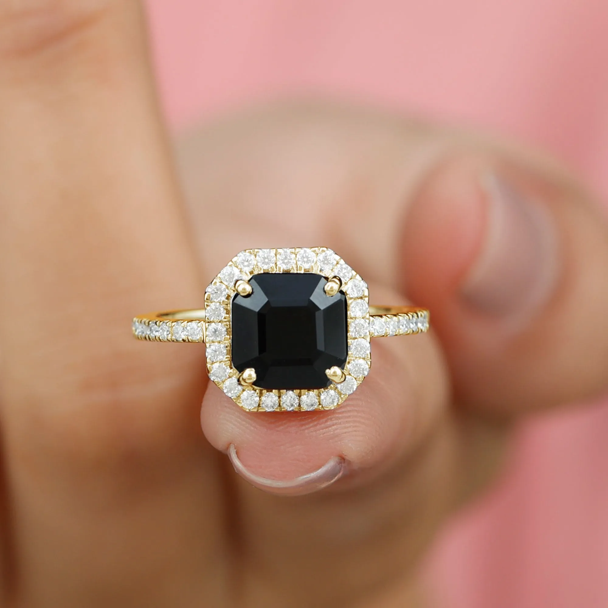 Asscher Cut Black Spinel Halo Engagement Ring with Diamond