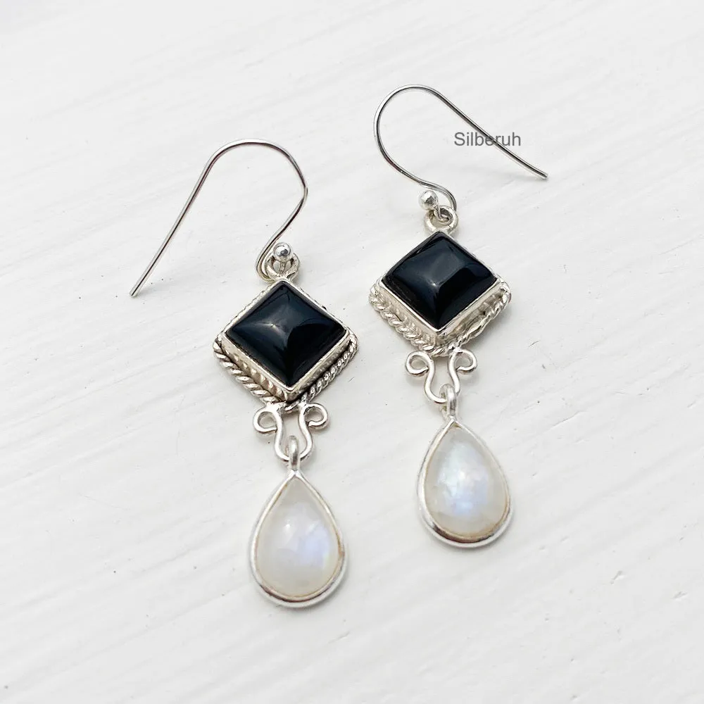 Black Onyx & Rainbow Moonstone Silver Earring