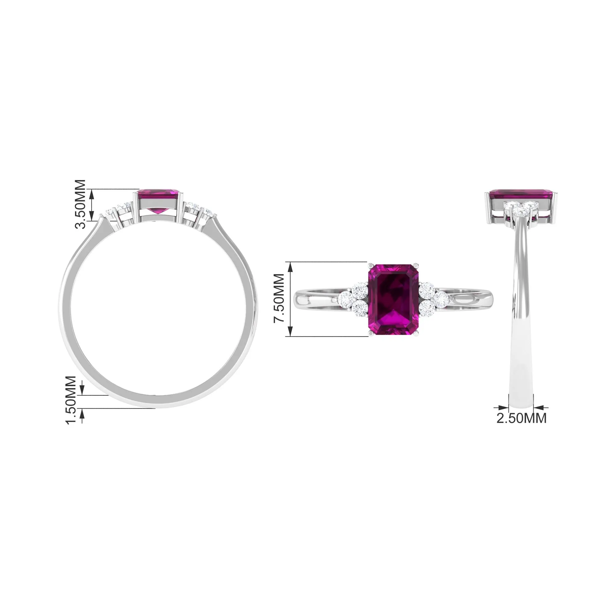 Emerald Cut Rhodolite Solitaire Engagement Ring with Diamond Trio