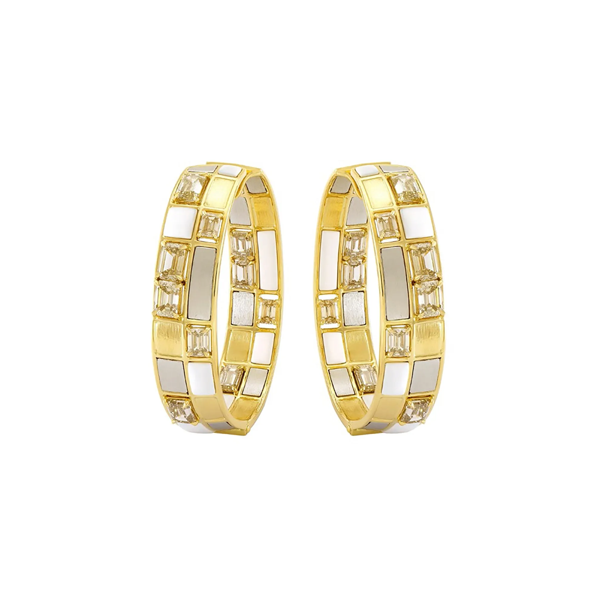 Etho Maria Hand-Carved Ceramic Platinum and Brown Diamond Mosaic Checkered Earrings