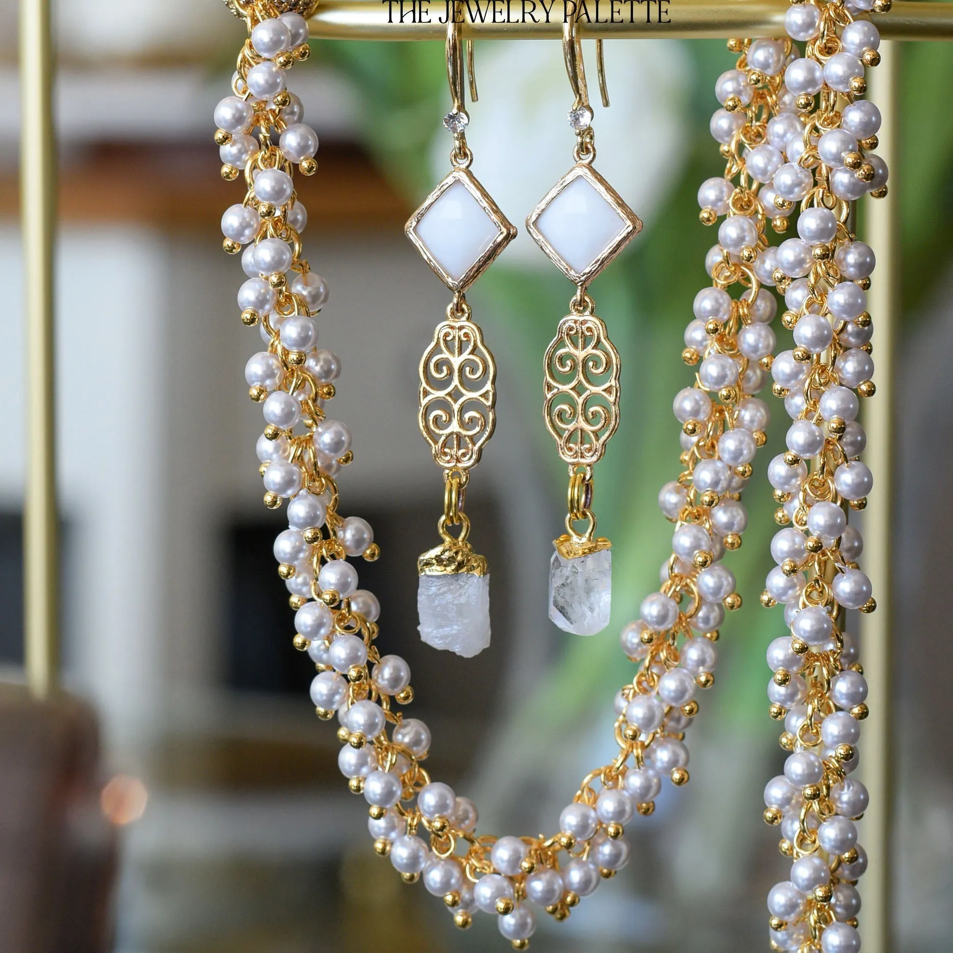 Farah herkimer diamond, filigree and clear white crystal earrings