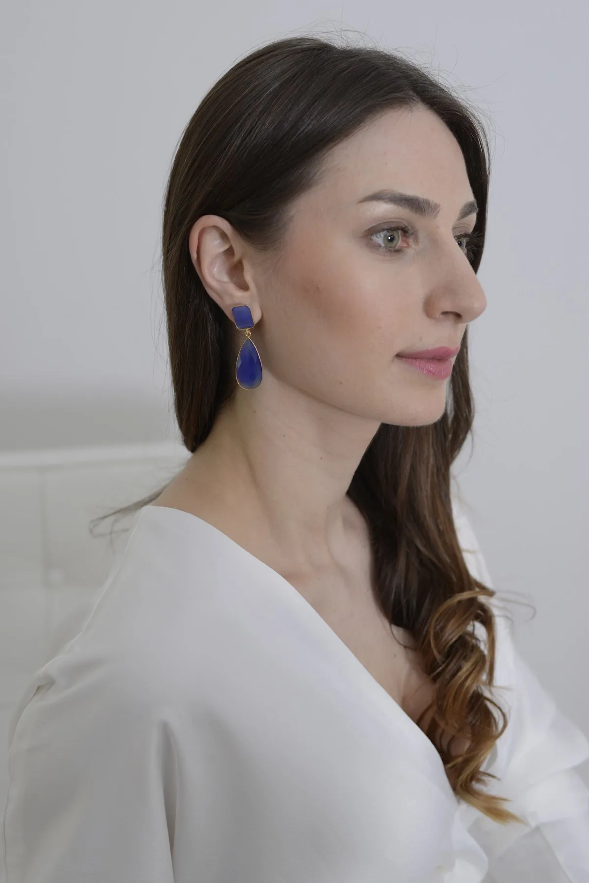 Long Statement Earrings with a Rectangle Stone and Long Pear Shaped Stone Drop - Moonstone