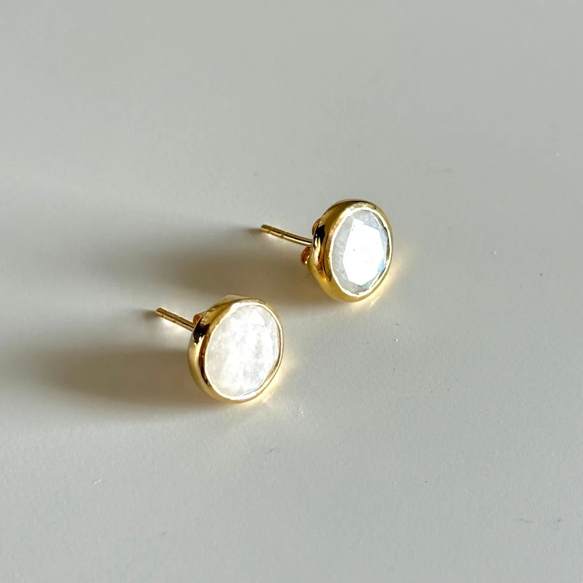 Moonstone Studs in Gold Plated Sterling Silver with a Round Faceted Gemstone