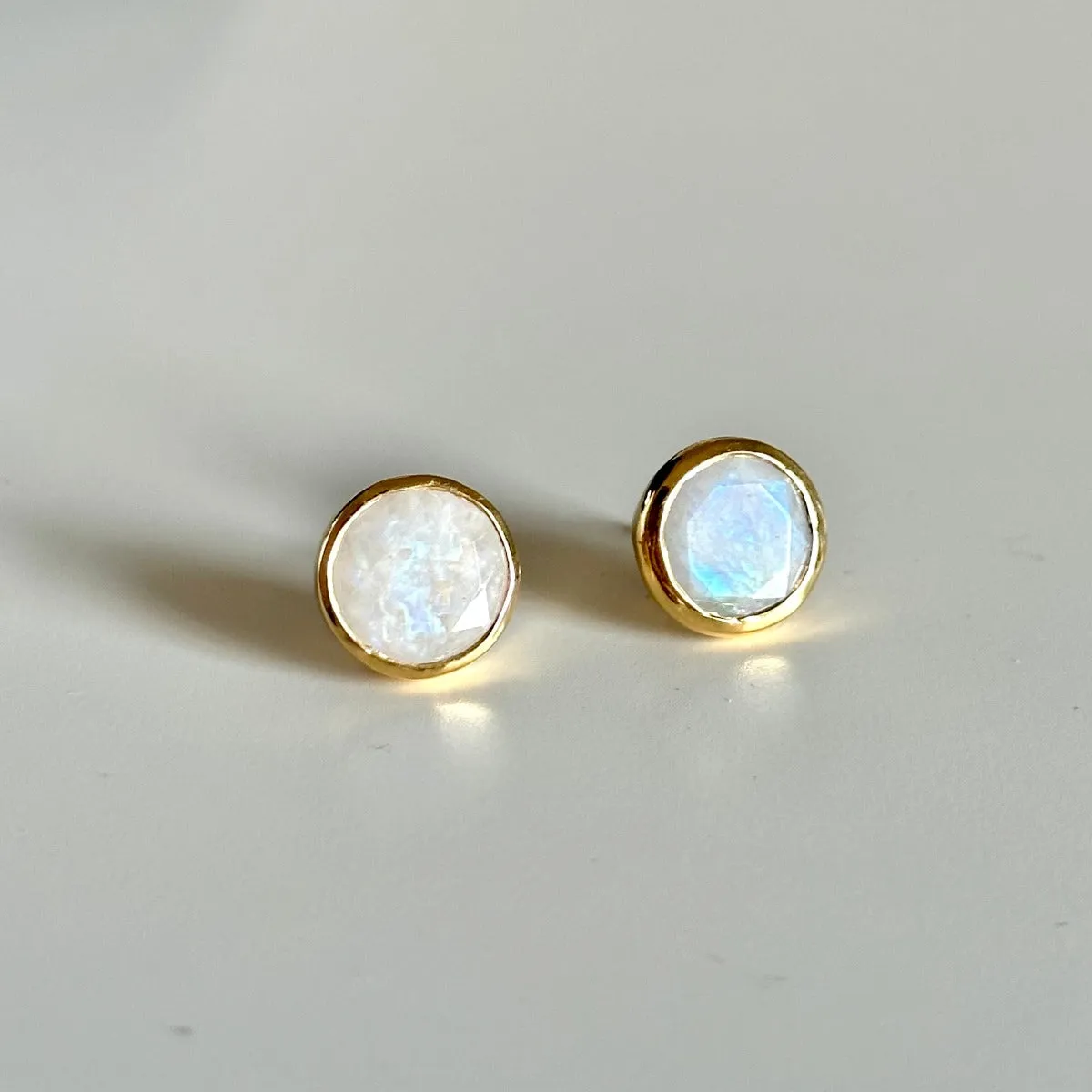Moonstone Studs in Gold Plated Sterling Silver with a Round Faceted Gemstone